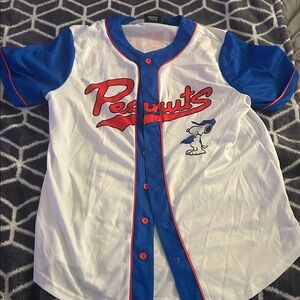 Peanuts White & Blue Baseball Jersey with Red Script
